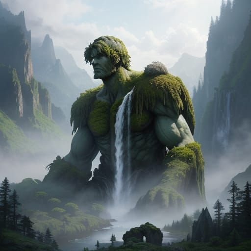 Moss Giant with Origami Swan in Dreamy Valley