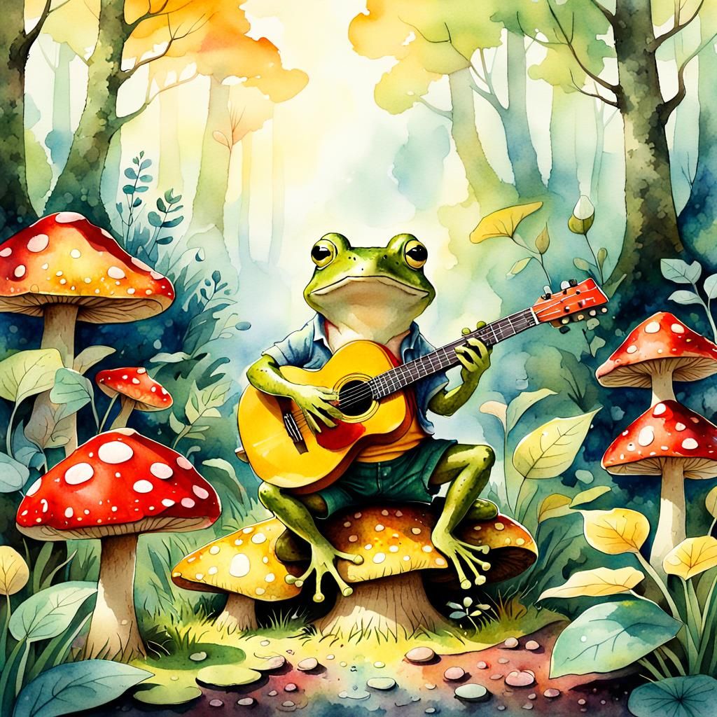 Frog Musician in Watercolour Forest Scene