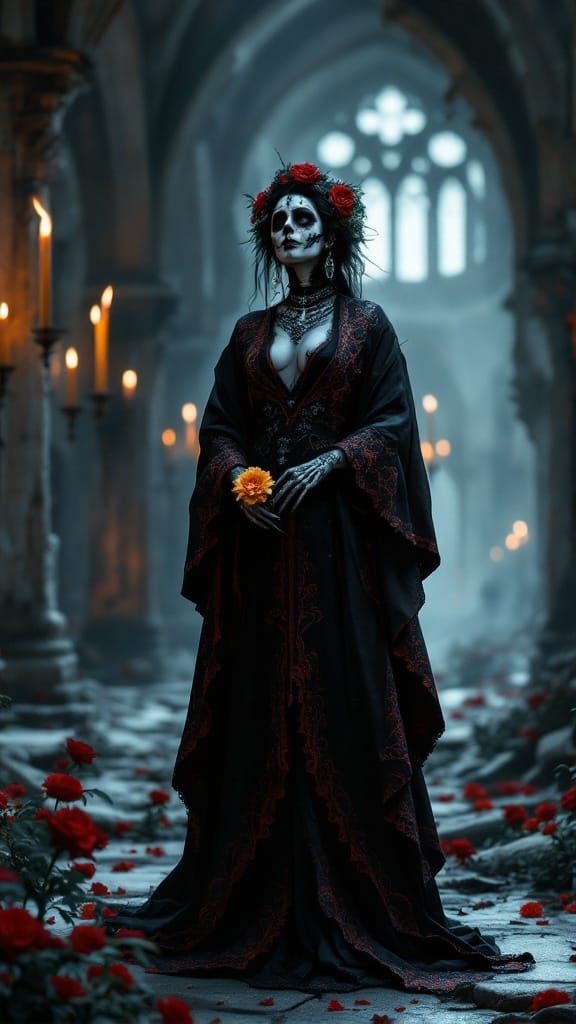 Gothic Día de los Muertos Priestess in Haunting, Mystical At...