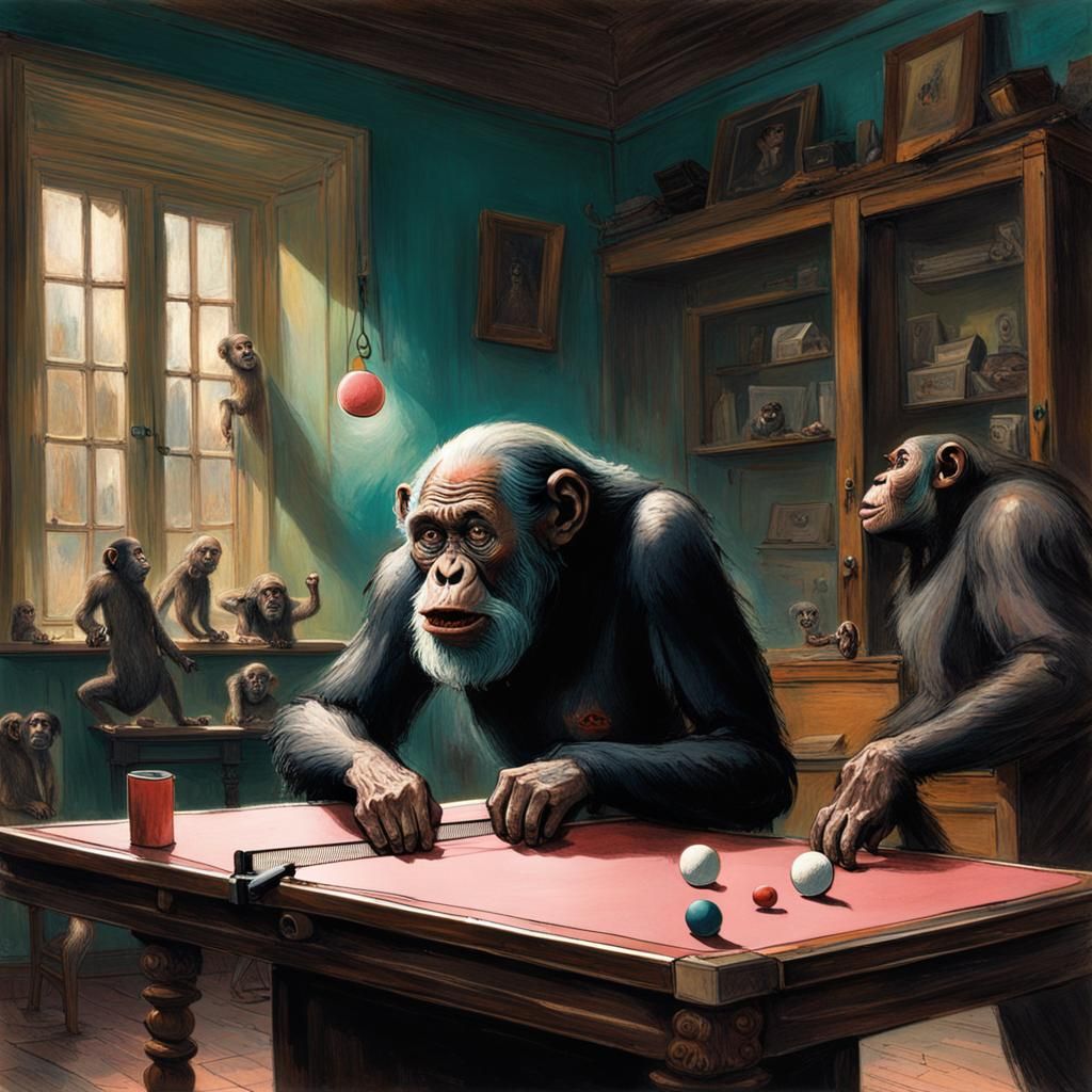 Chimpanzees Play Ping Pong: Horror Art
