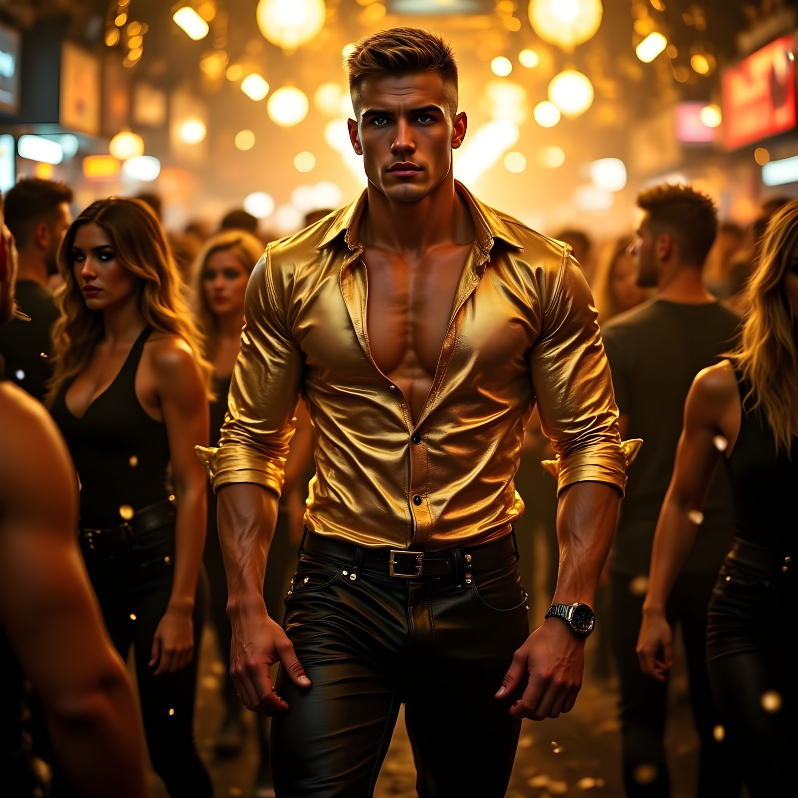 Cinematic New Year's Eve Figure in Shimmering Gold Attire