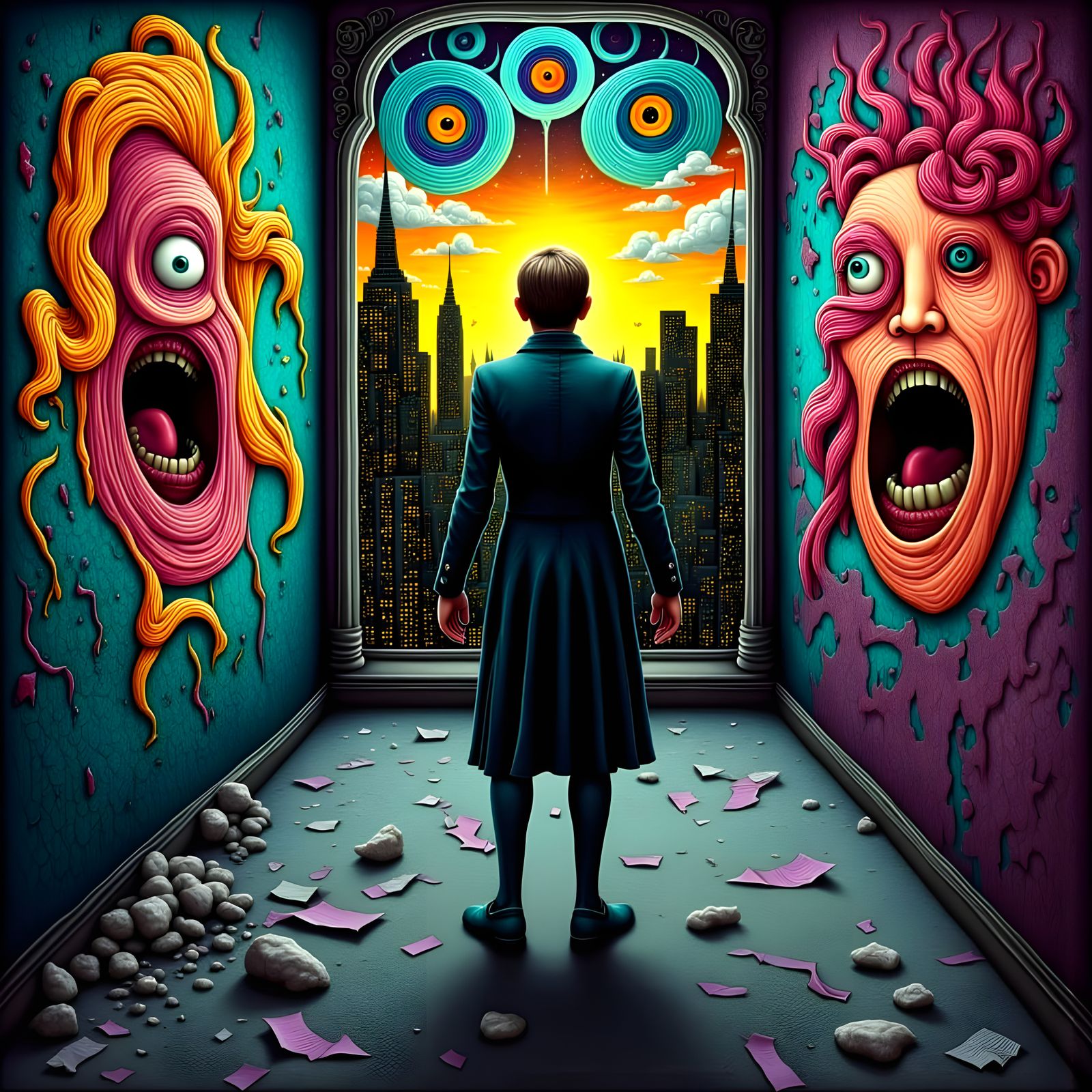 Surreal 1930s Cartoon Scene with Whimsical Color Palette