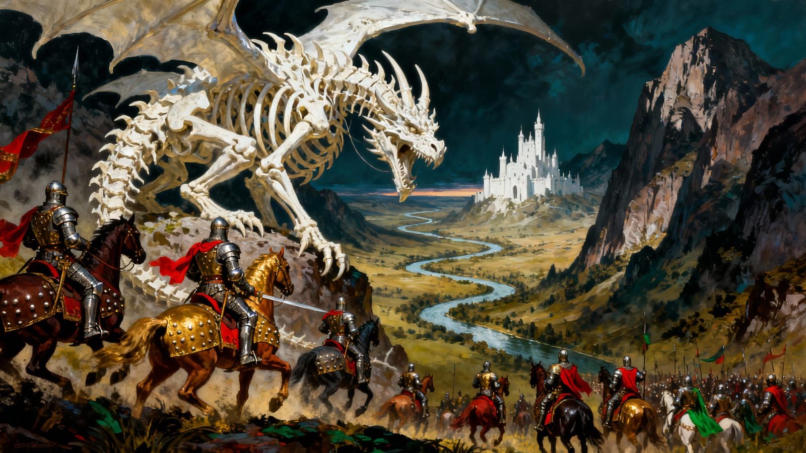 Bone Dragon Attacks Knights in Gothic Fantasy Valley
