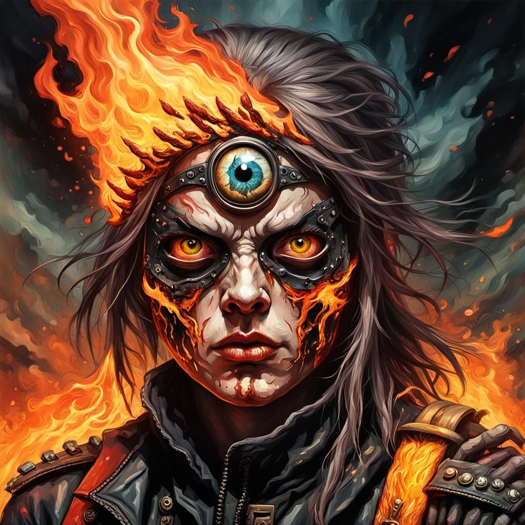 Fiery Eyeball Biker: Gothic Impressionist Masterpiece