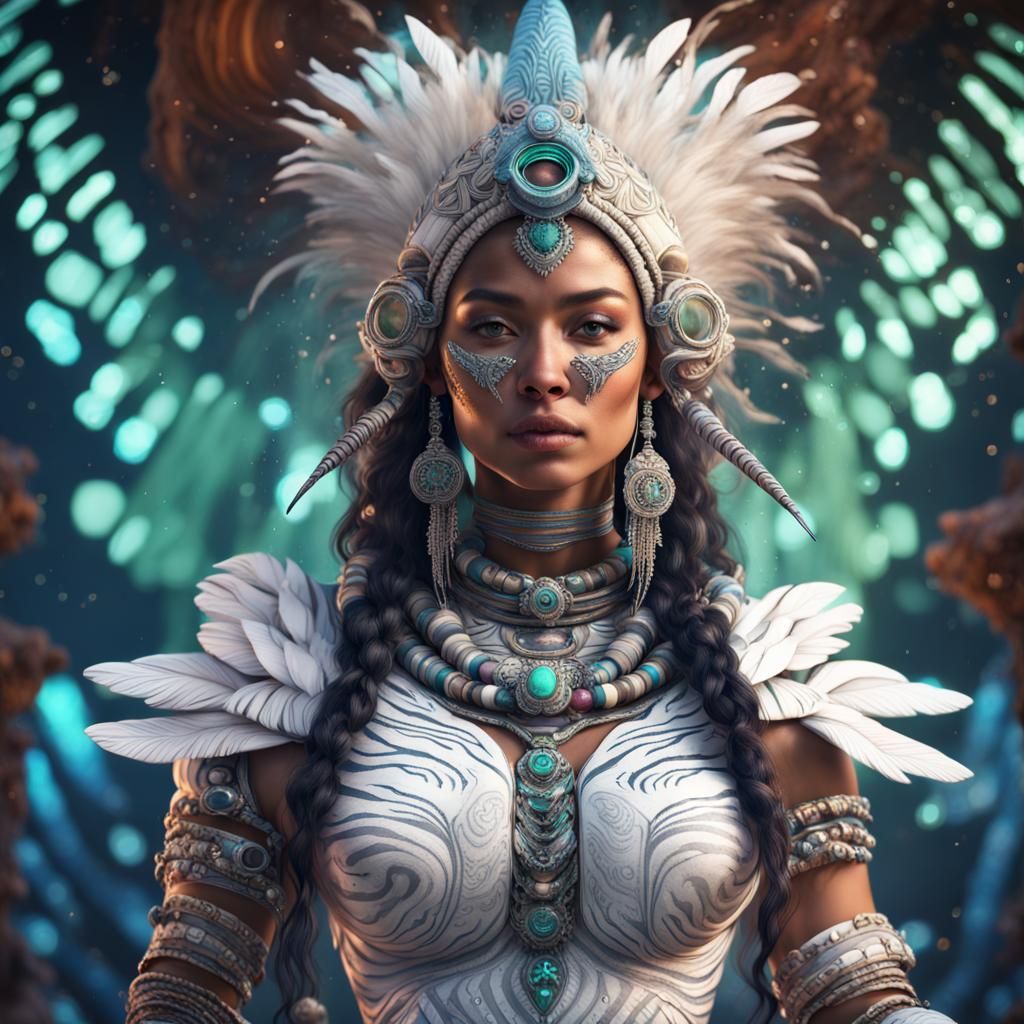 Mystical Mayan Mermaid in Spacesuit, Digital Art