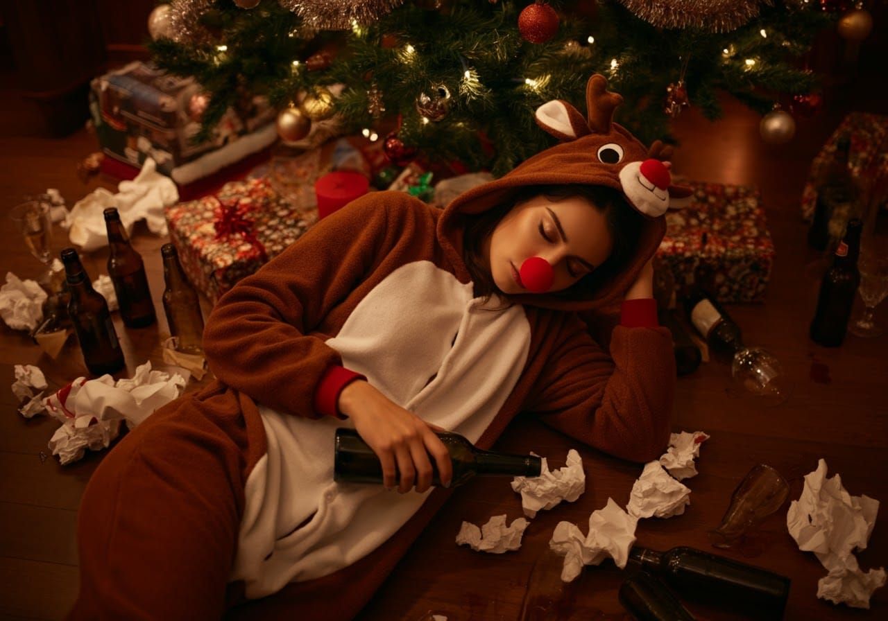 Festive Reindeer Girl Passed Out Under Christmas Tree