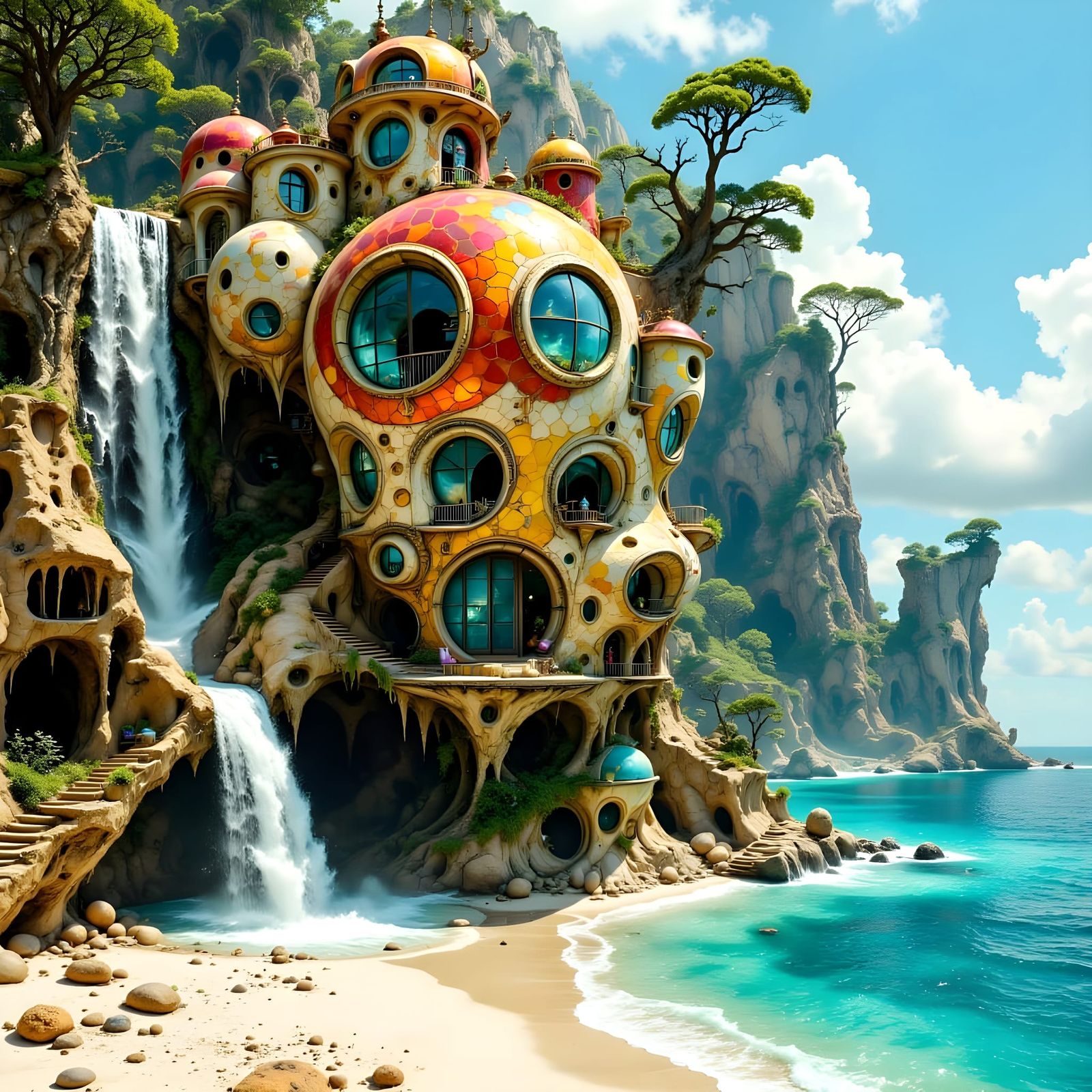 Whimsical Upside-Down House on Island, Surreal Oil Painting