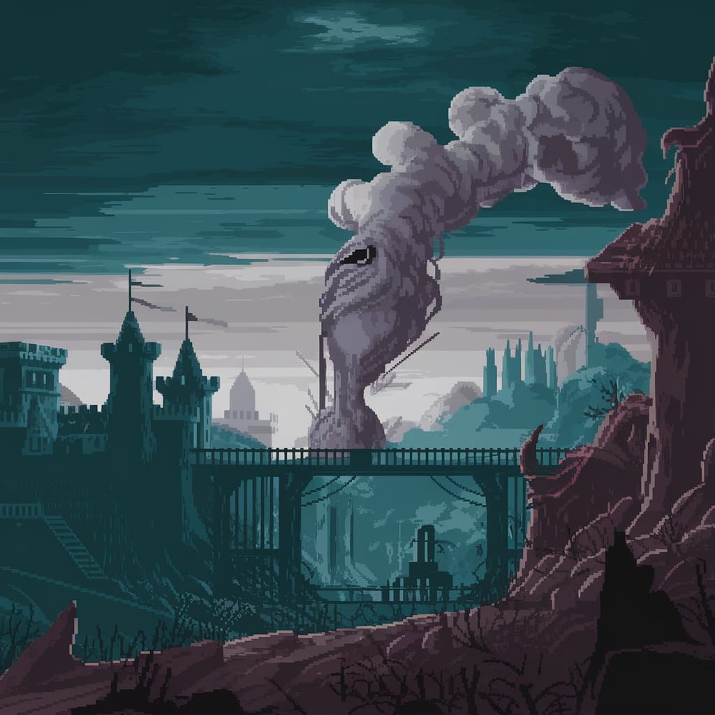 Pixelated Smoke Monster in Fantasy Castle Landscape