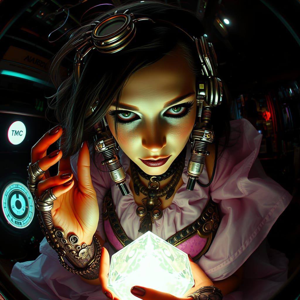 Seductive Steampunk Siren Worships Futuristic Artifact