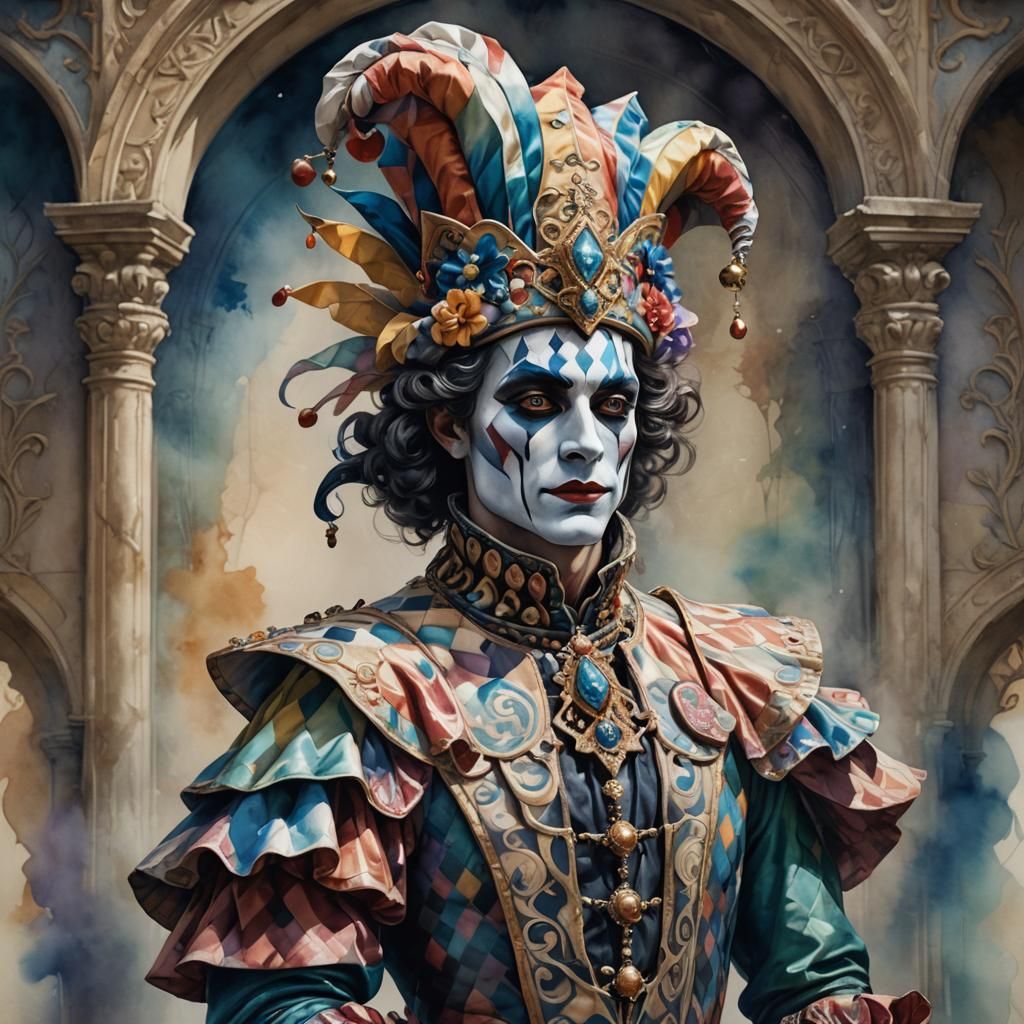 Dreamlike Harlequin in Watercolour Fantasy Style
