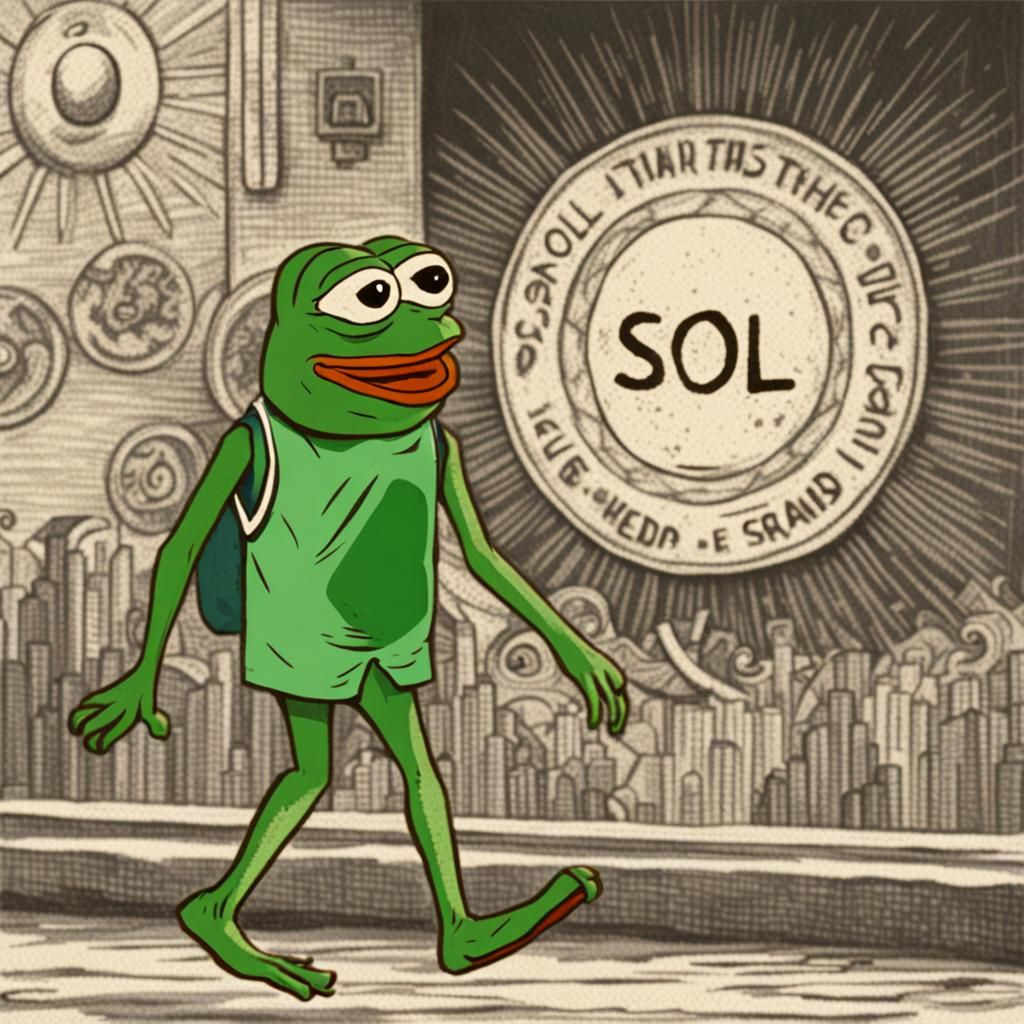 Pepe the frog" walking towards a sign that reads "SOL"