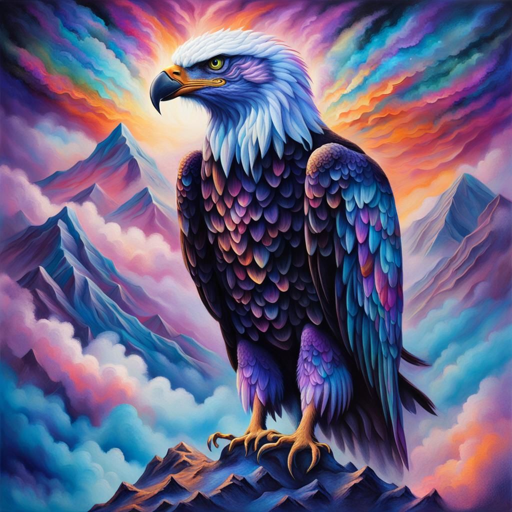 Cosmic Eagle on Misty Peak: Surreal Mixed Media