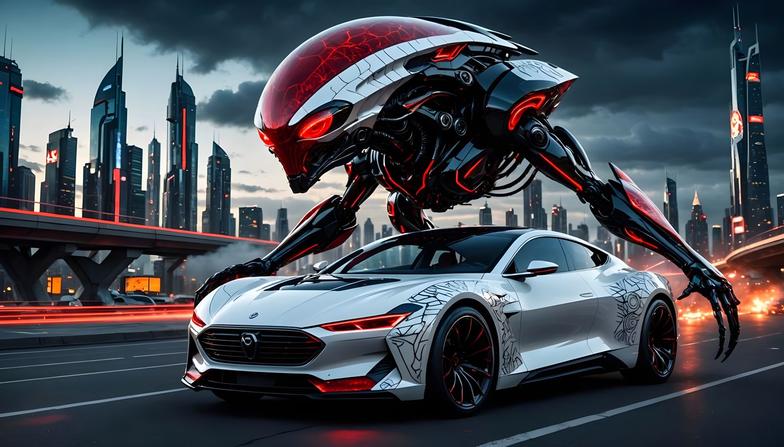 Futuristic Alien Car in Cyberpunk Cityscape
