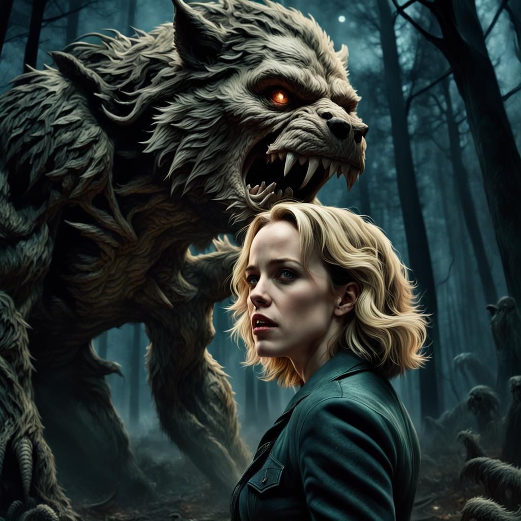 Woman Battles Beast in Spooky Forest