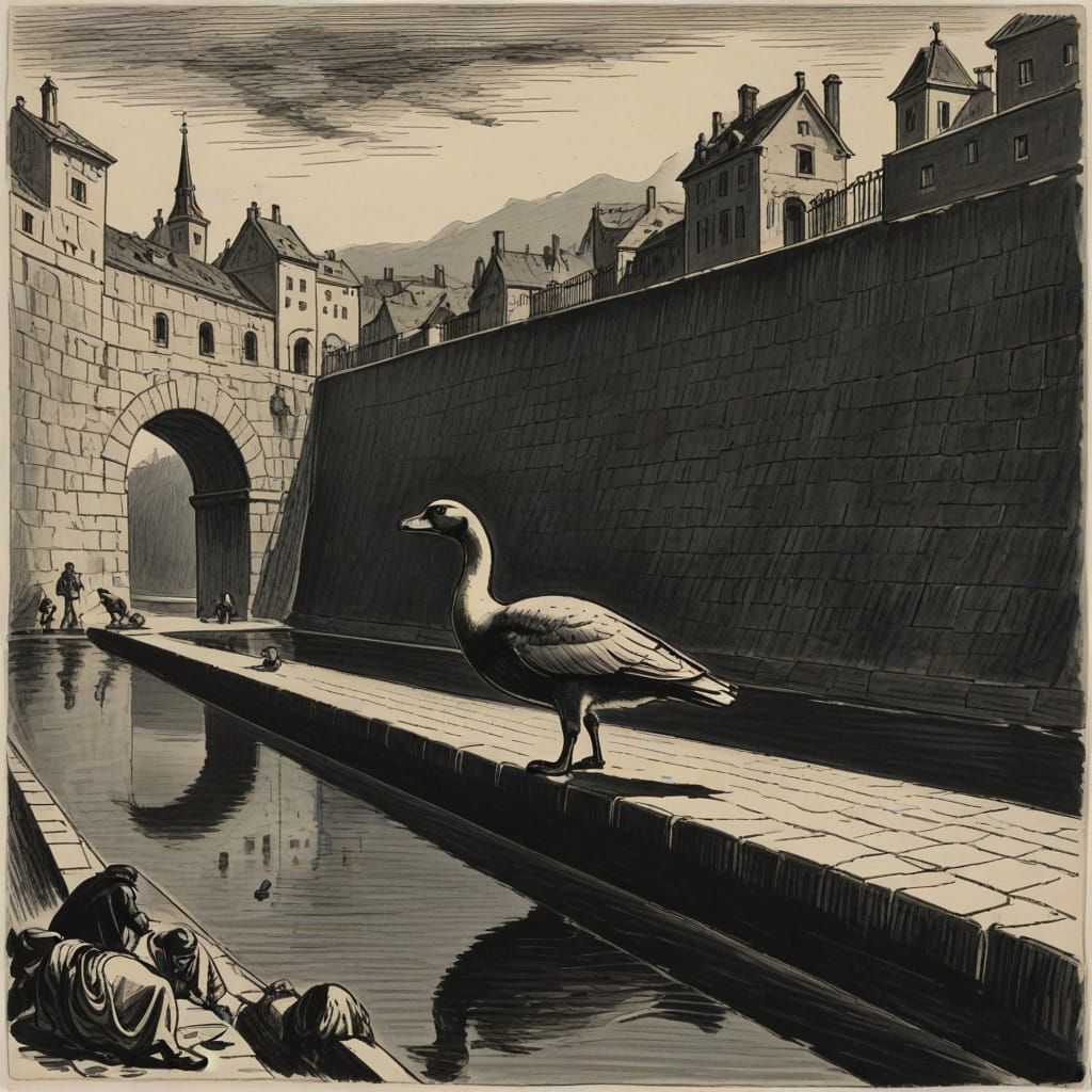 Ailing Goose at Aqueduct: Etching Style