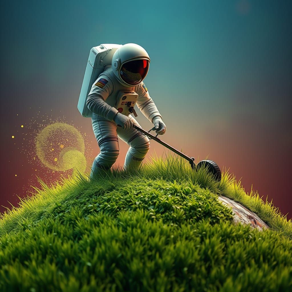 Astronaut Mowing Earth: Hyperrealistic Cinematic Concept Art