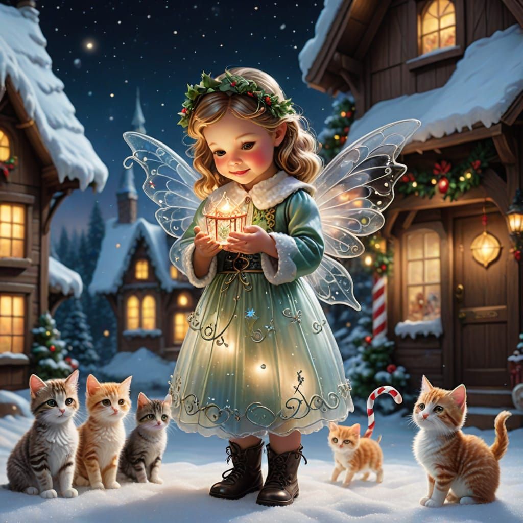 Magical Christmas Scene with Glass Fairy and Adorable Kitten...