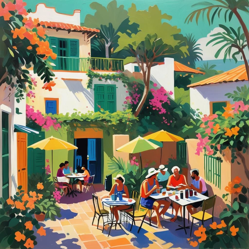 Mexican Beach Hostel Cafe: Vibrant Gouache Painting