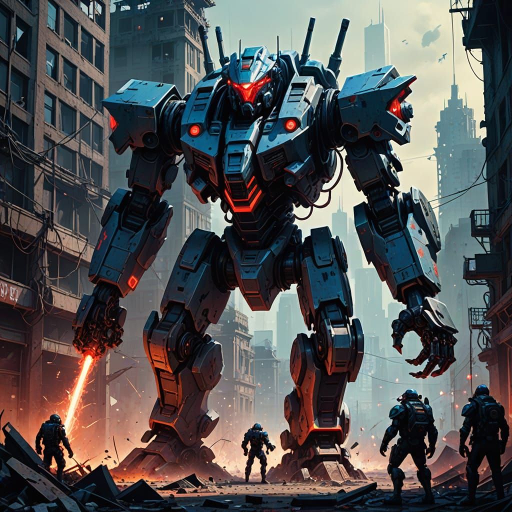 Futuristic Battle Mech vs Monster in Ruined City