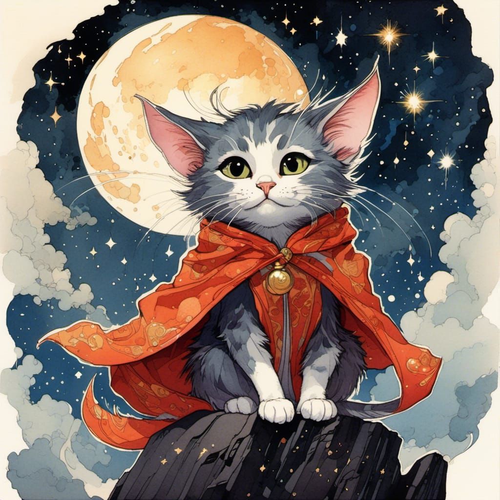 Cosmic Cat Wizard on Cliff, Watercolor Style