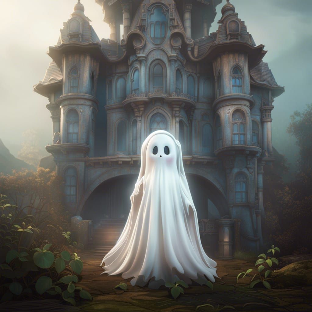 Chibi Ghost at Haunted Castle, Art Nouveau Style