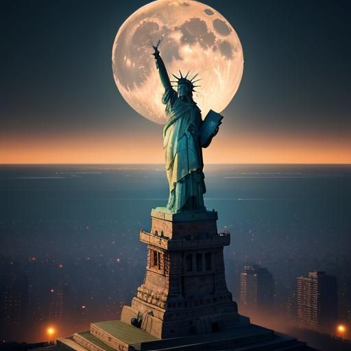 Statue of Liberty Kisses the Moon: Oil Painting