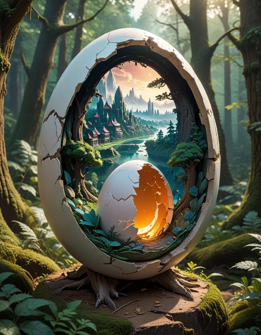 Fantasy City Emerges from a Cracked Eggshell in a Whimsical ...