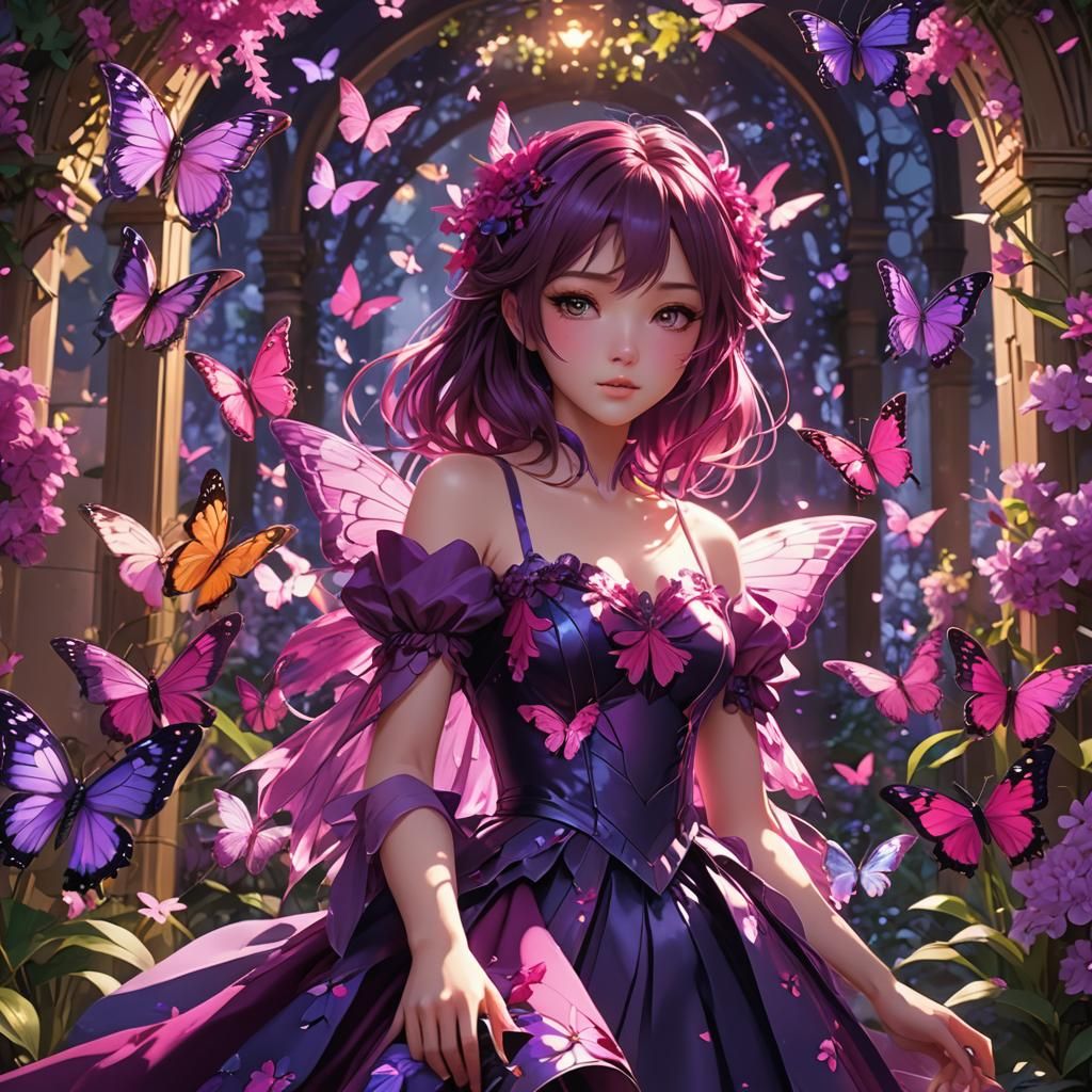 Anime Girl Sora in Magenta and Purple Garden