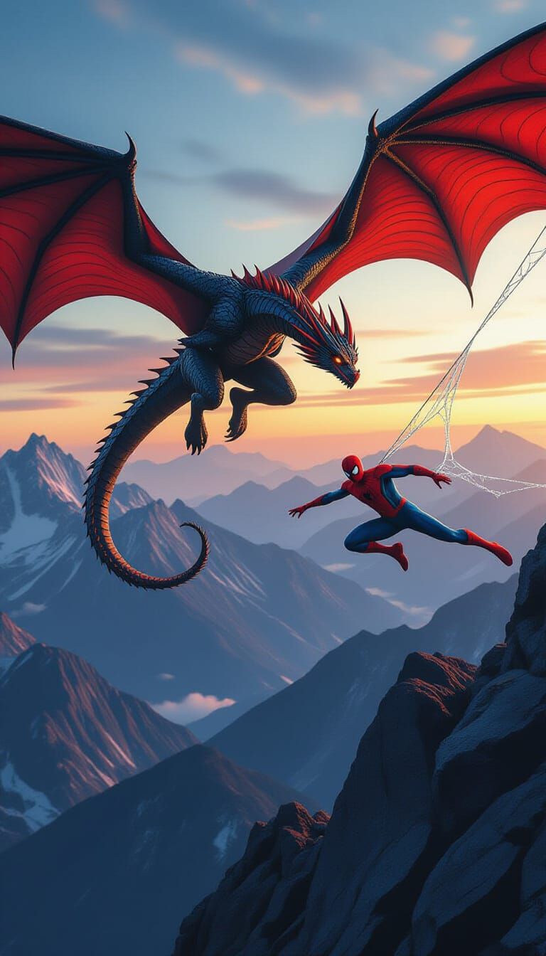 Dragon Chasing Spiderman at Twilight: Hyperrealistic Digital...