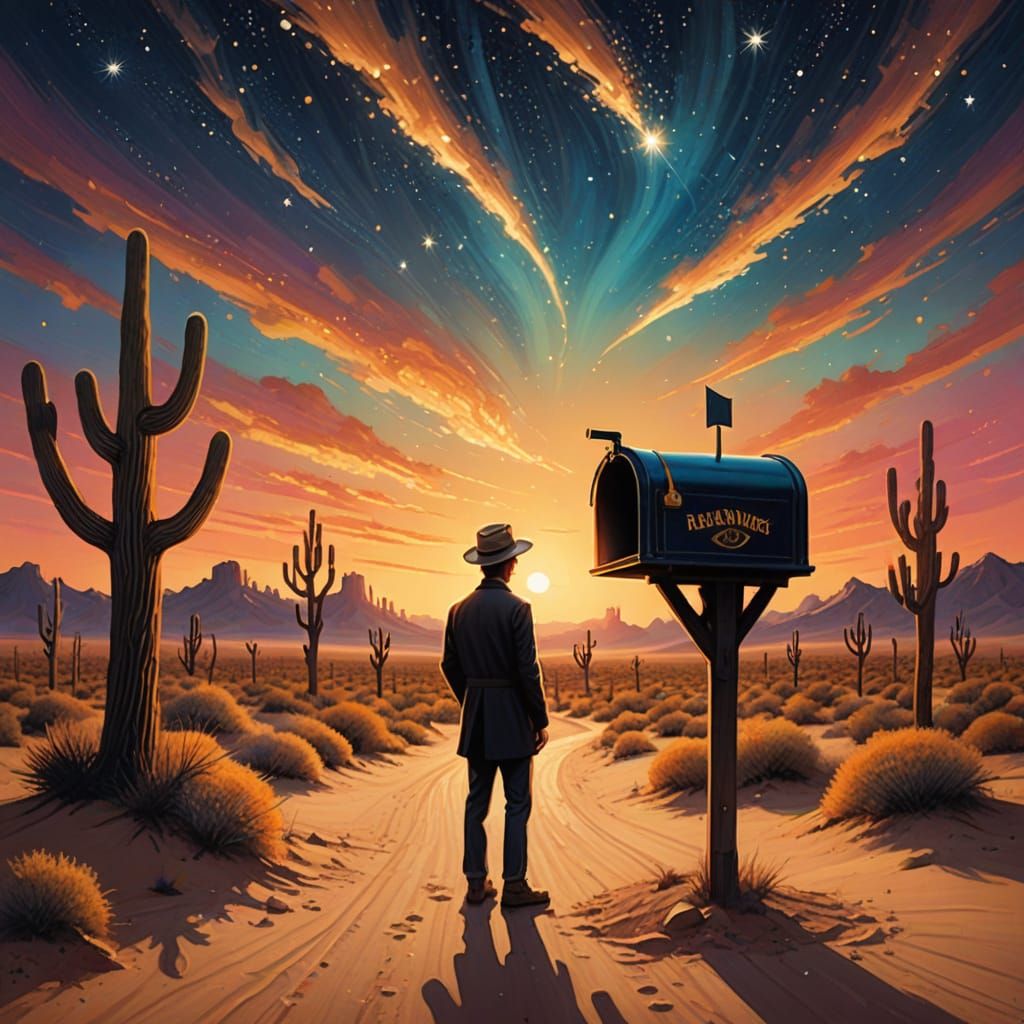 Surreal Desert Performer with Glowing Mailbox