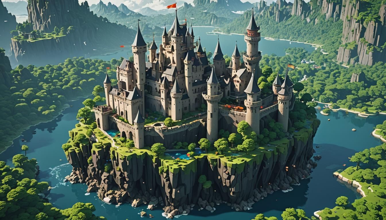 Floating Castle in Voxel Style, Japan Summer