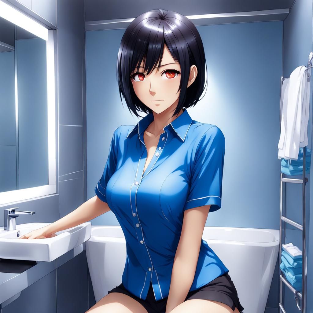 Anime Style Portrait of Woman in Bathroom