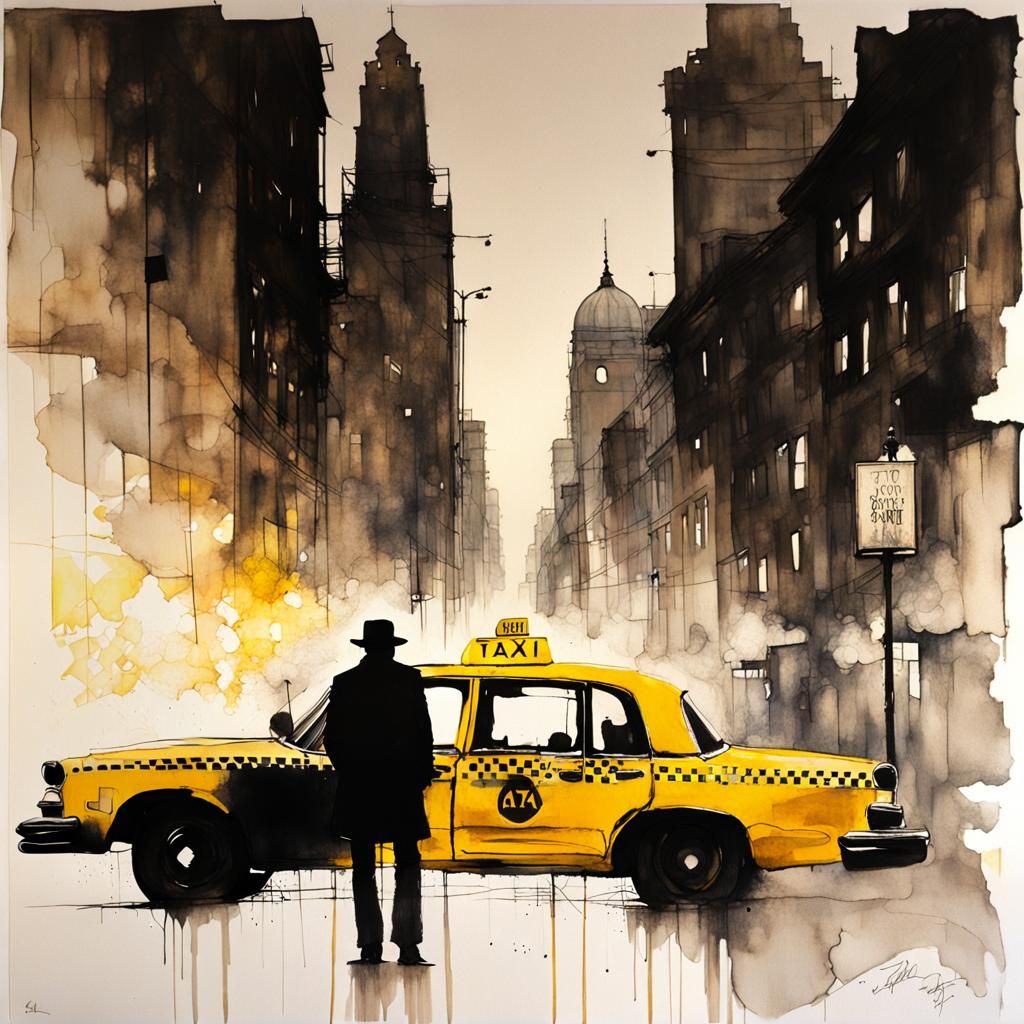 ALCOHOL INK, taxi, SILHOUETTE cityscape, gritty, perspective...