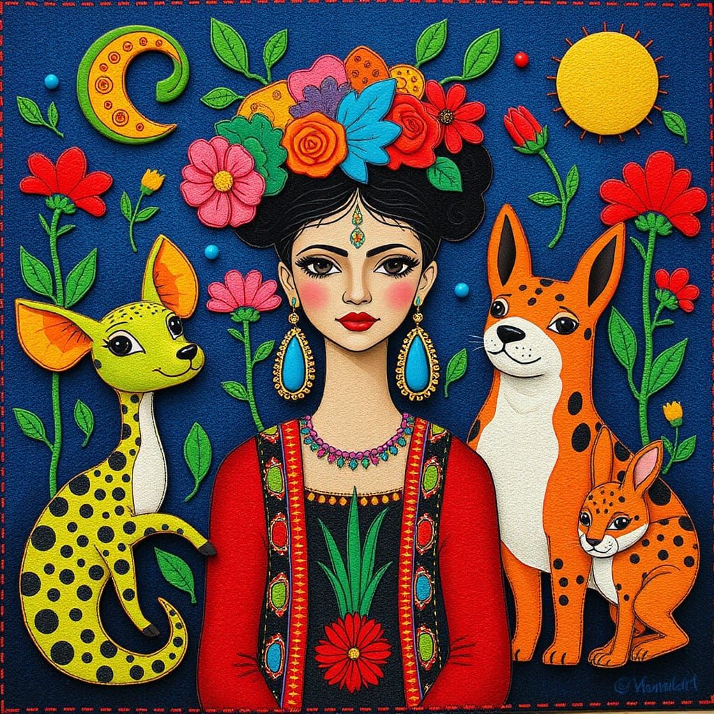 Stylized Woman and Animals in Geometric Folk Art