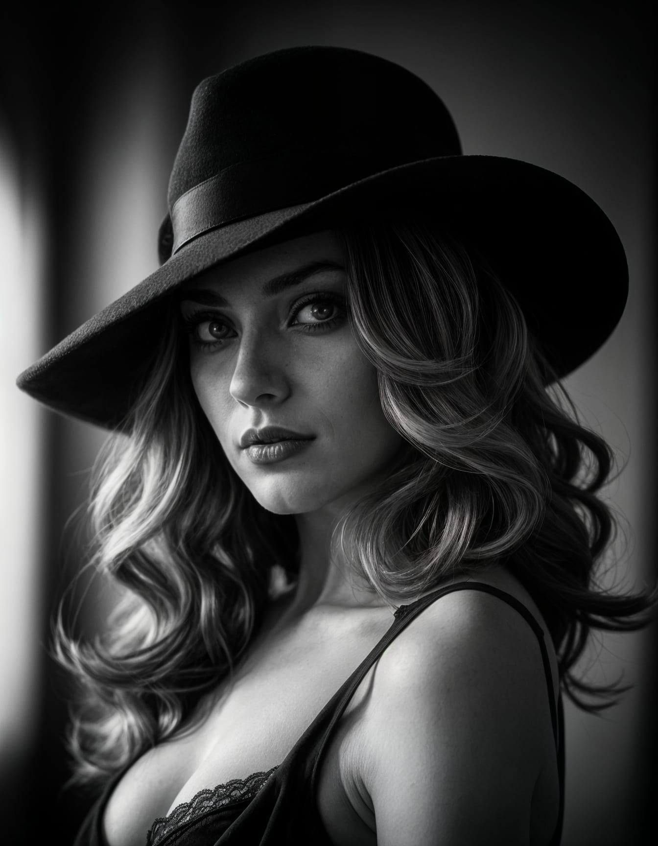 Sultry Woman in Film Noir Style, Framed by Thick Hair and 19...