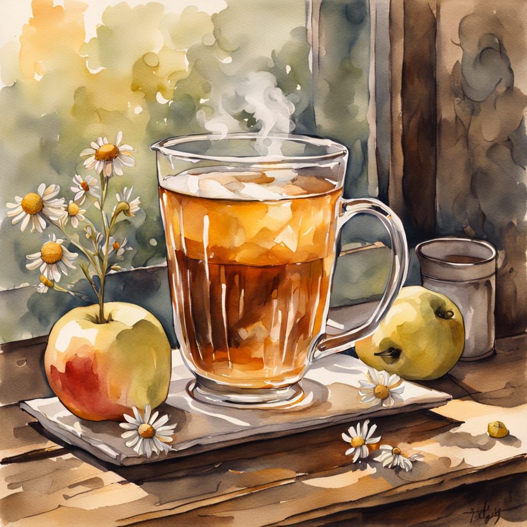 Gouache Painting of Apple Chamomile Tea on Wooden Table
