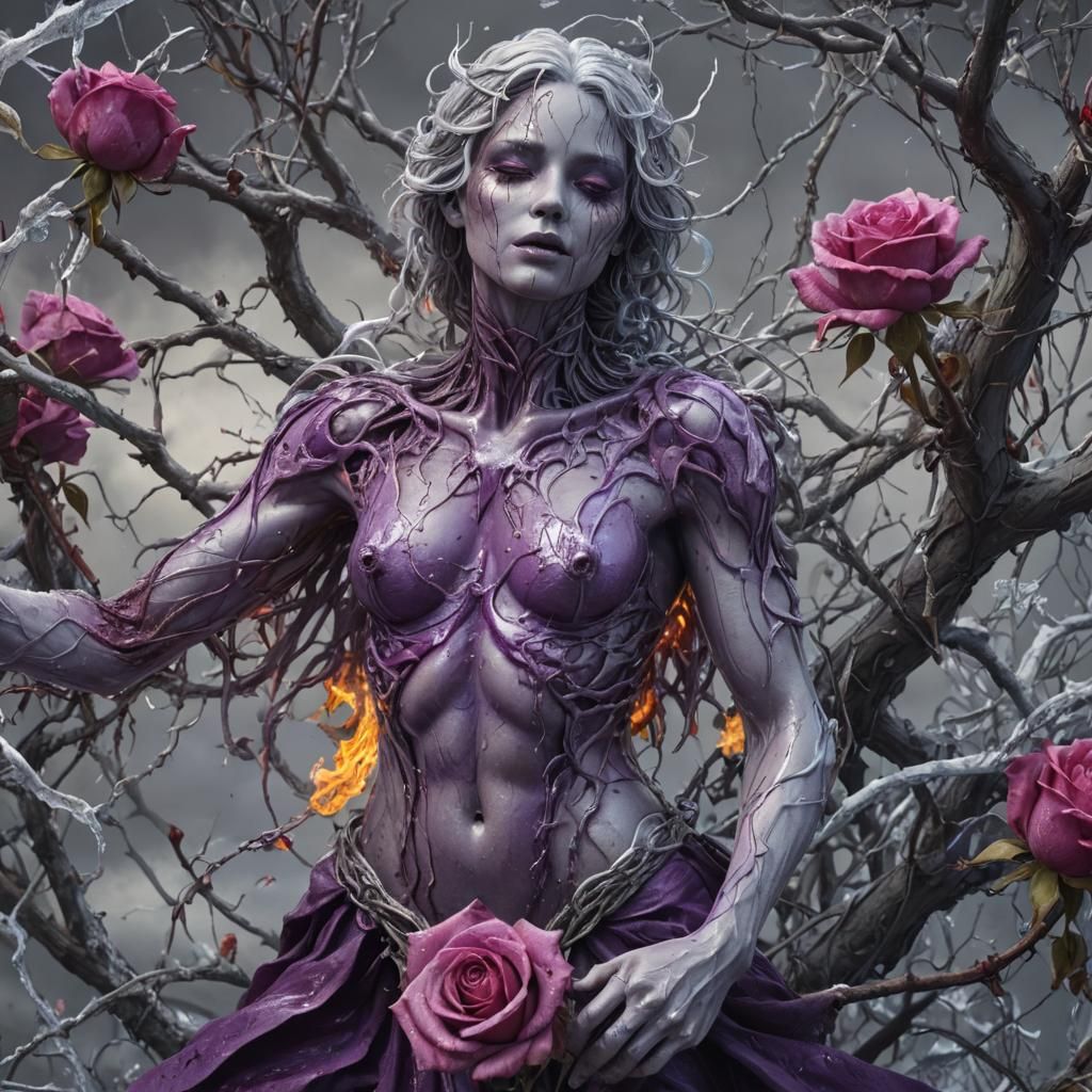 Creature with Roses in Icy Violet and Silver Hues
