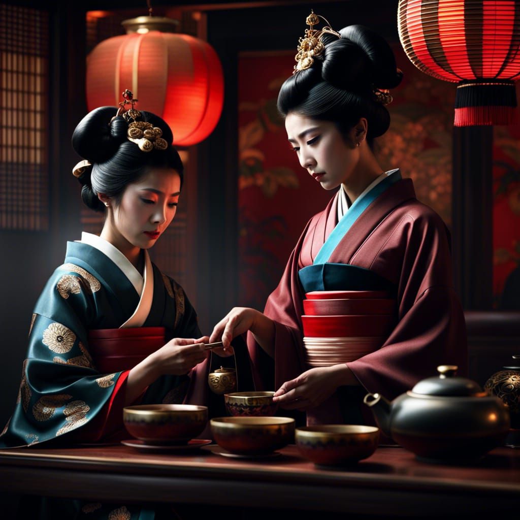 Dramatic Geisha Tea Ceremony in Hyperrealistic Style