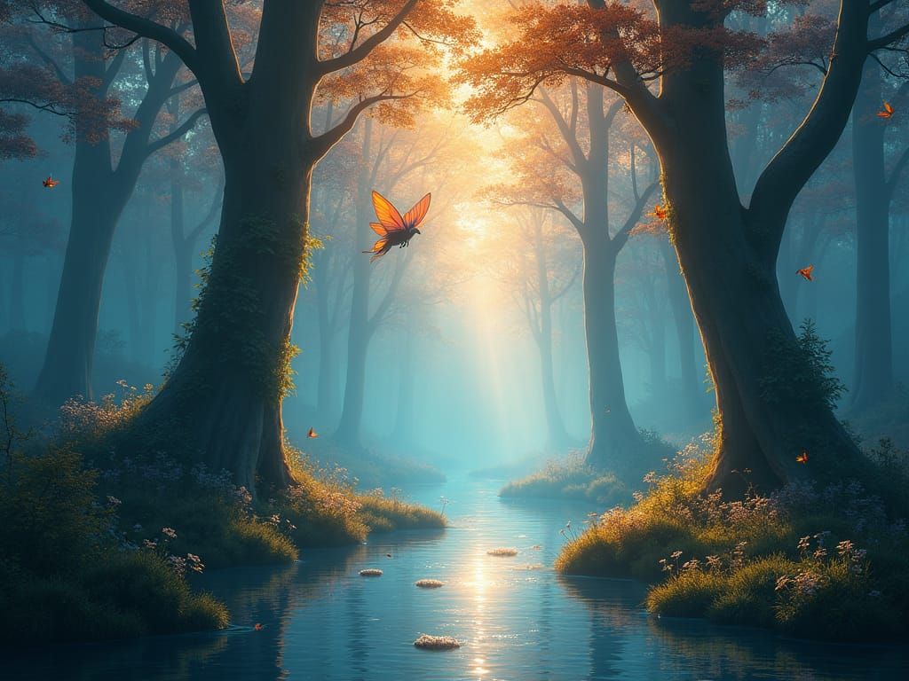 Mystical Forest at Dawn with Ethereal Creatures