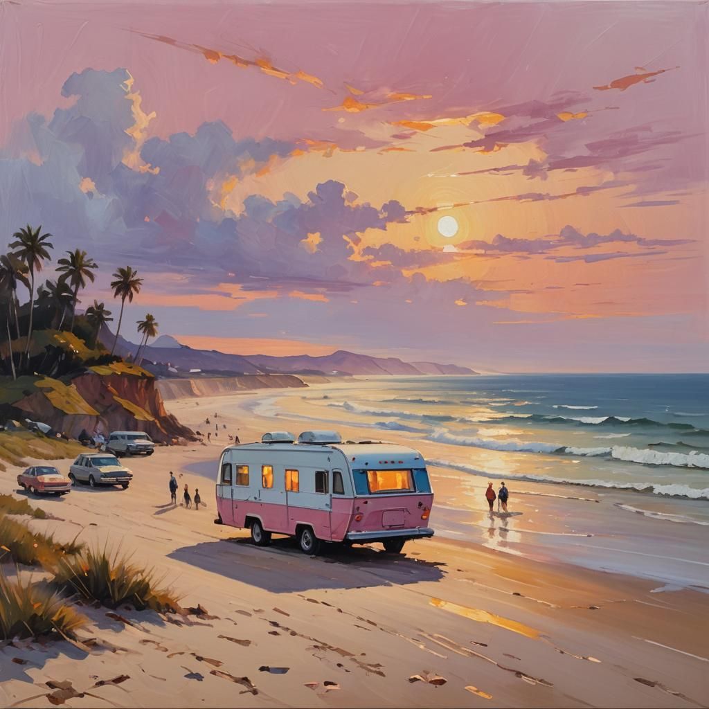 Vintage RV on Beach in Impressionist Style