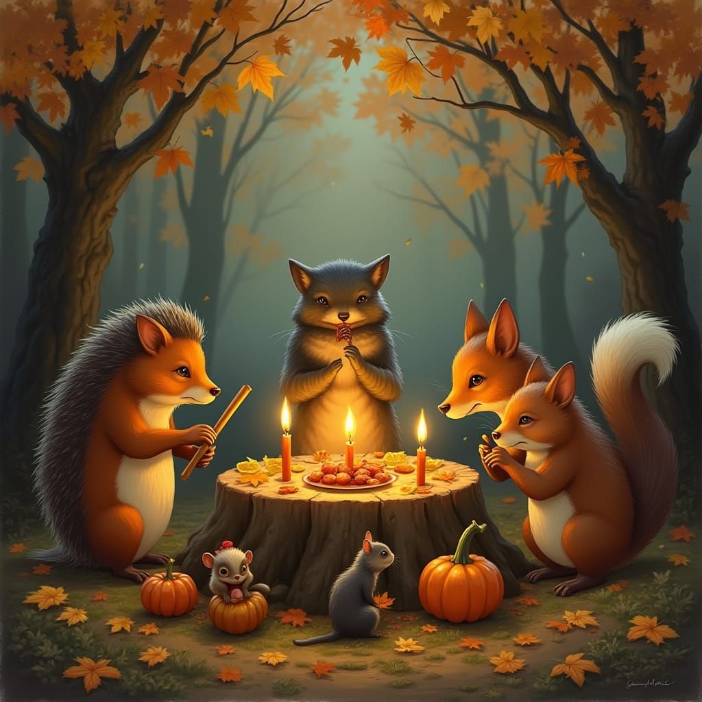 Whimsical Forest Creatures Celebrate Thanksgiving Feast
