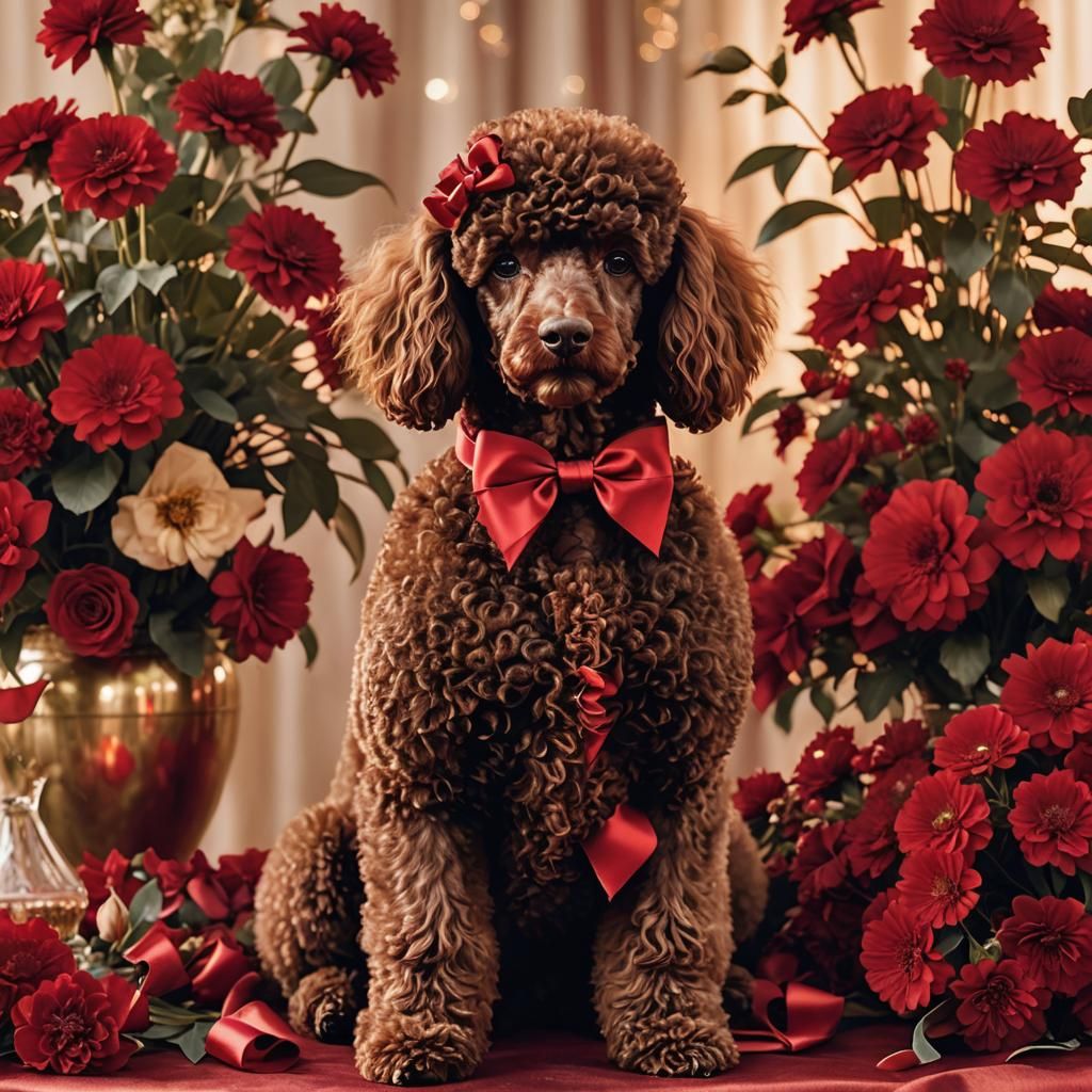 A dark red poodle centerpiece with oversized red satin bow, ...