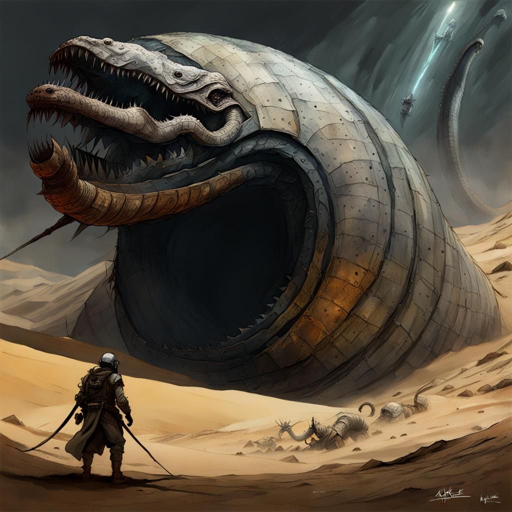 Giant Sandworm Attack: Dark Fantasy Concept Art
