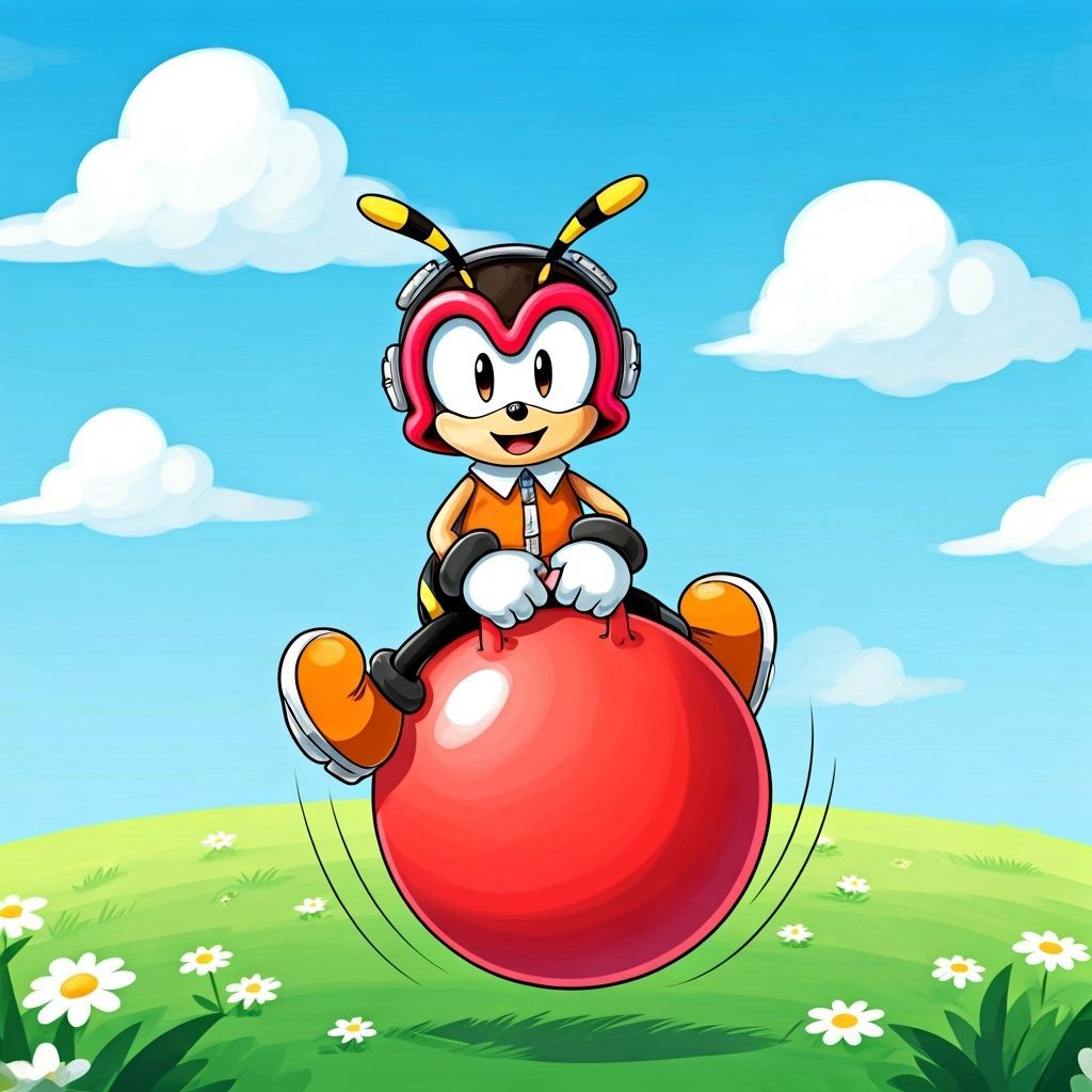 Charmy Bee Bounces High on Hopper Ball in Cartoon Style