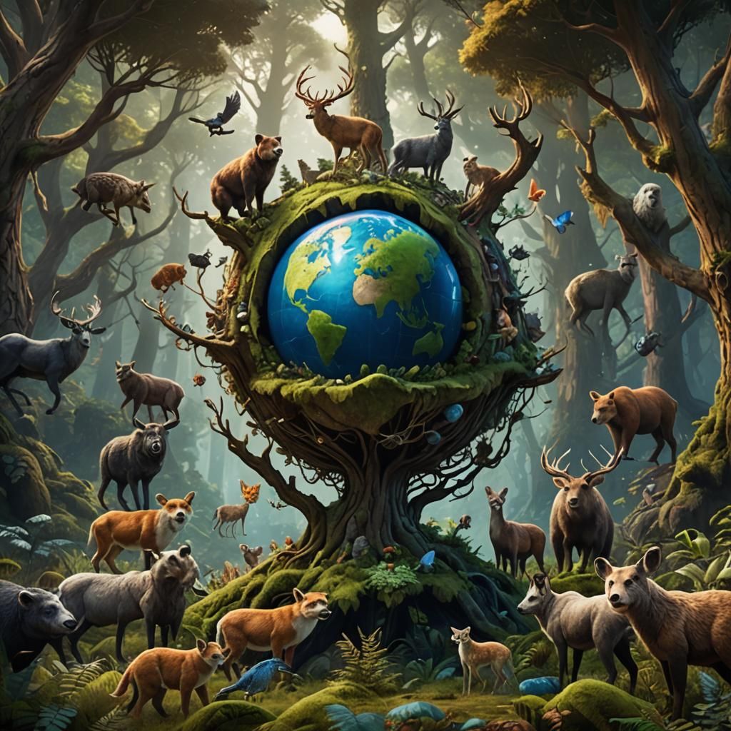 Forest Animals United Holding Earth Globe