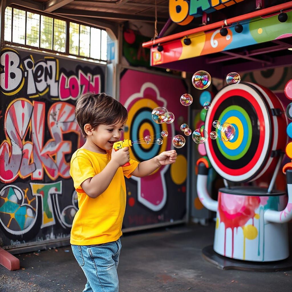 Happy Child Shoots Bubbles in Vibrant Amusement Park Booth