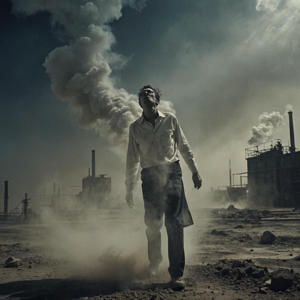 Surrealist Portrait of Suffocation in Industrial Wasteland