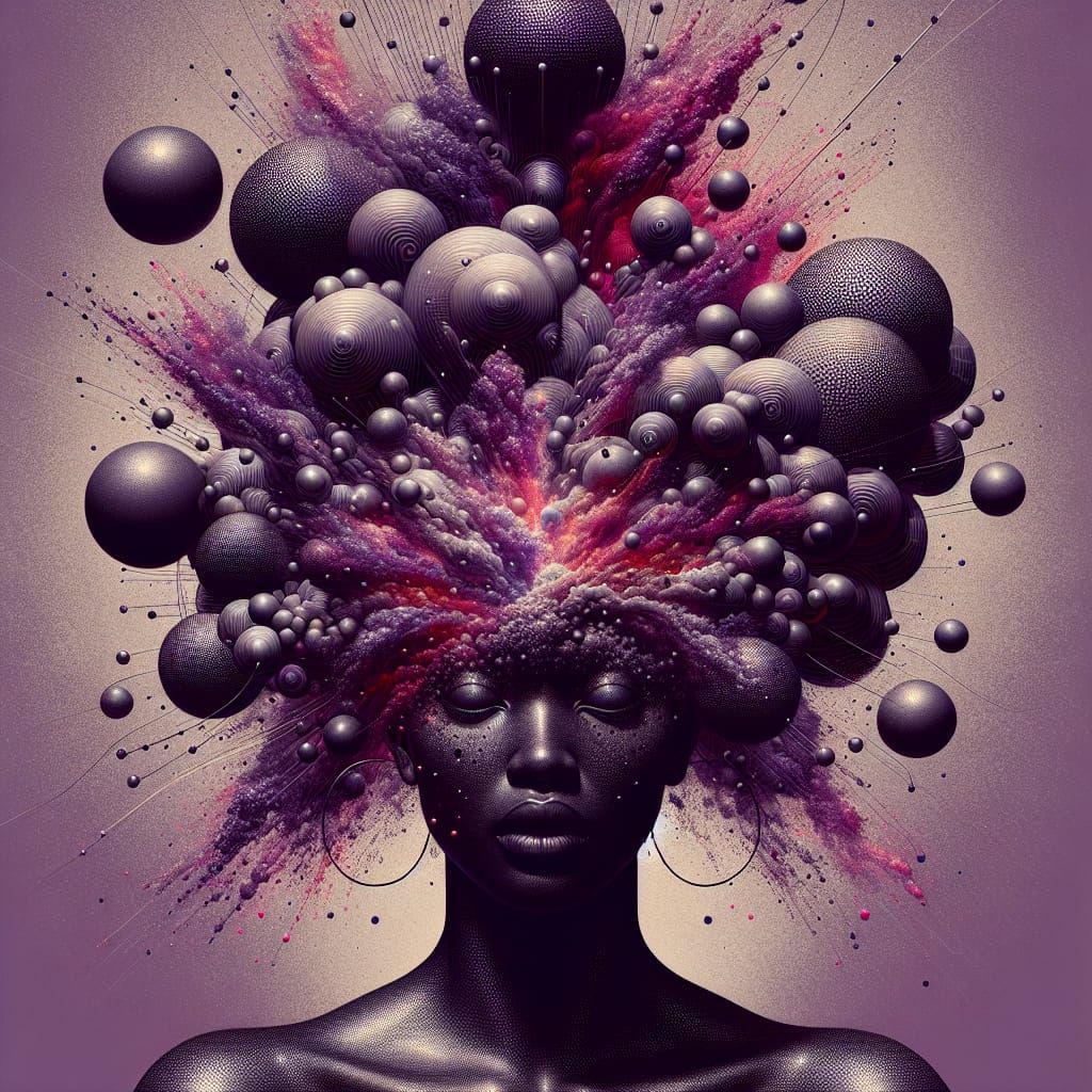 Surreal Portrait: Woman with Exploding Orbs in Purple