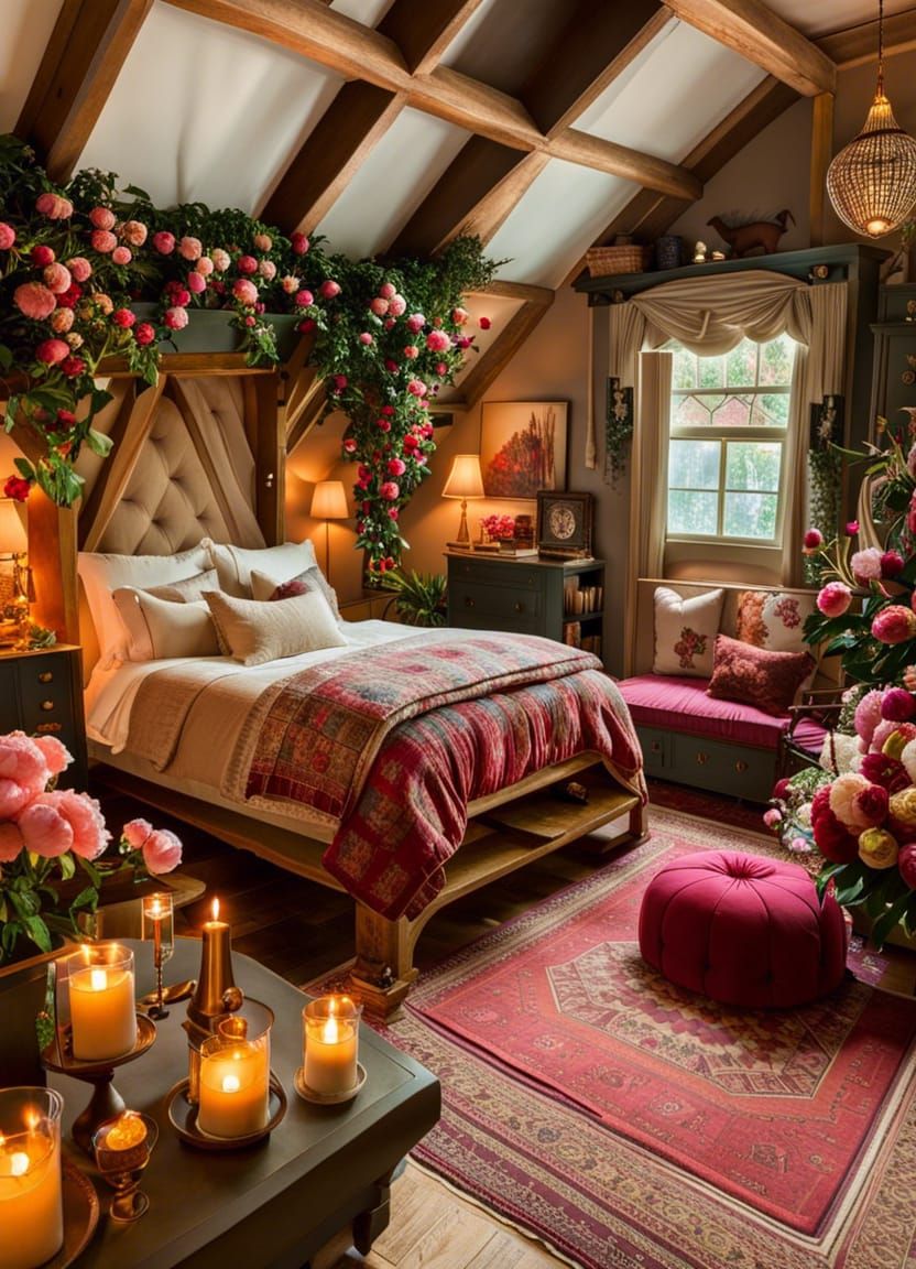 Dreamy Bedroom with Peonies and Puppy