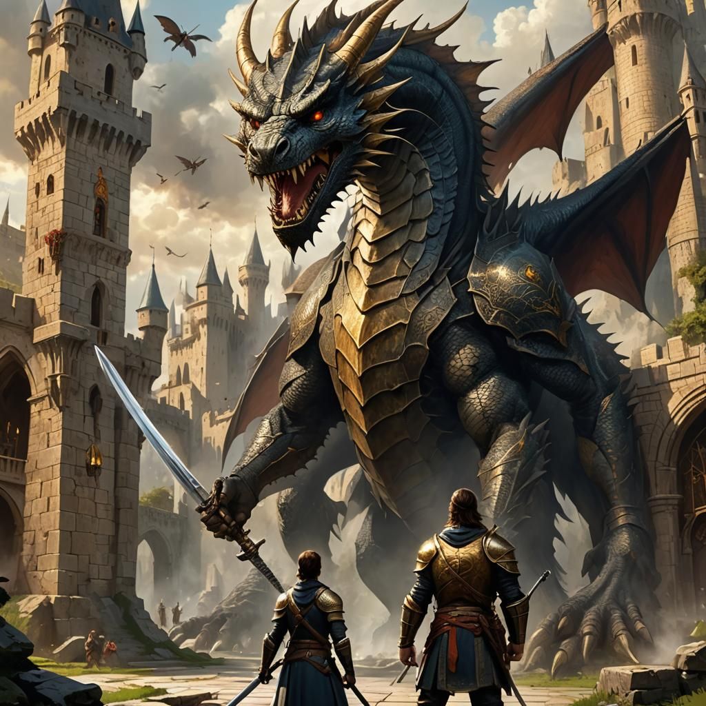 Heroic Warrior Dragon Confrontation in Fantasy Art